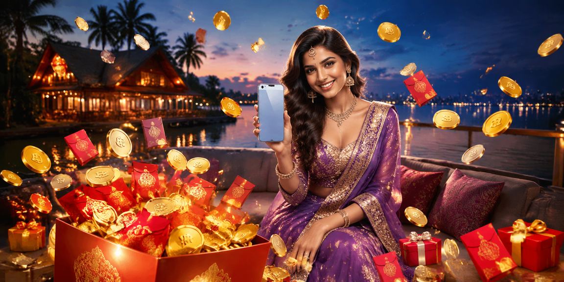 Happy Indian woman using phone for Aviator gaming bonus in Kerala